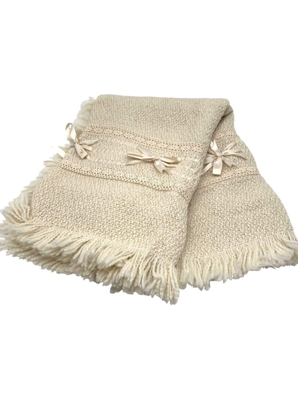 Branigan Weavers Edwardian-Style Wool Blend Cream Ribbon Throw Blanket Irish